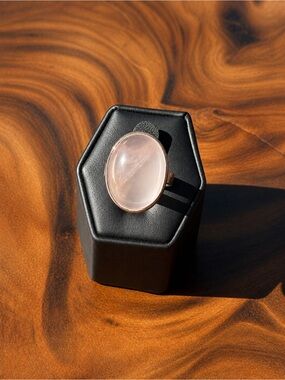 Rose Quartz Oval Statement Ring - Soft Pink Gem Size 7